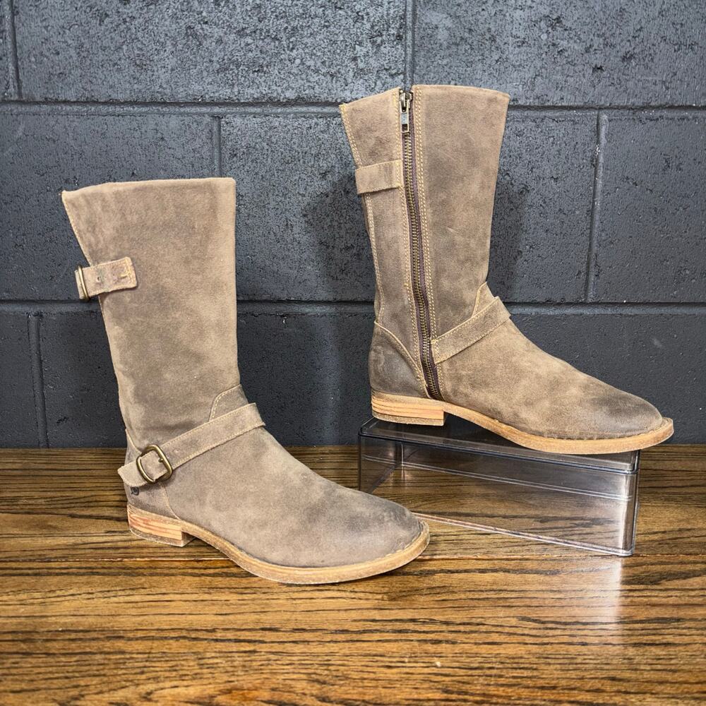 Born Brown Suede Mid Calf Moto Boots Buckle Strap Women’s 7